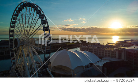 Navy Pier ferris wheel at sunrise in Chicago 97209154