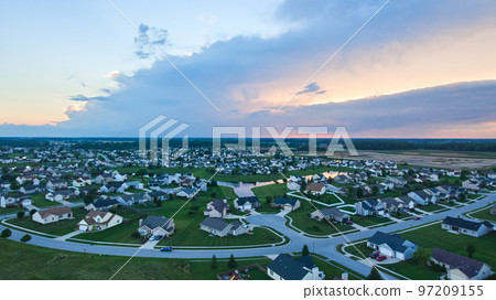 Dusk aerial over suburban Indiana neighborhood housing Dusk aerial over suburban Indiana neighborhood housing 97209155