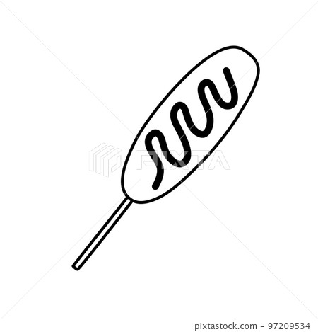 Hand drawn corn dog with ketchup, mayonnaise or mustard. Street asian and american fastfood drawing. Vector illustration isolated on white background. 97209534