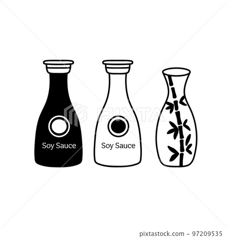 Soy sauce in bottle. Line vector illustrations set isolated on white. 97209535
