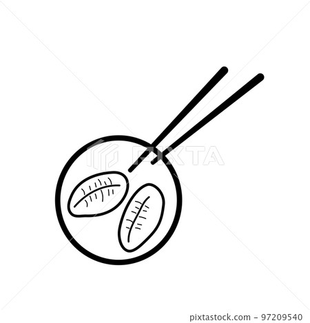 Dumplings of Chinese, Japanese and Korean cuisine and chopsticks. Doodle vector icon isolated on white 97209540