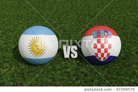 Footballs in flags colors on soccer field . Argentina with Croatia. 3d rendering Footballs in flags colors on soccer field . Argentina with Croatia. 3d rendering 97209570