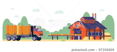 Truck transporting logs to sawmill factory flat vector illustrations isolated. Truck transporting logs to sawmill factory flat vector illustrations isolated. 97209809