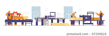 Sawmill conveyor industrial electric machinery flat vector illustration isolated. 97209828