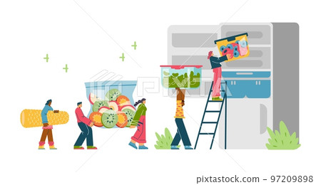 Tiny people carry huge containers of food and put it in fridge flat style Tiny people carry huge containers of food and put it in fridge flat style 97209898