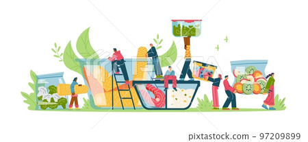 People packing fresh food into containers flat vector illustration isolated. 97209899