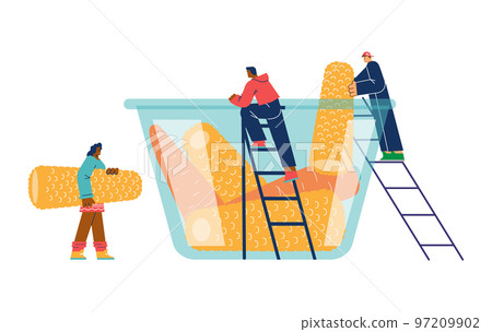 Tiny people putting food into glass container flat vector illustration isolated. Tiny people putting food into glass container flat vector illustration isolated. 97209902