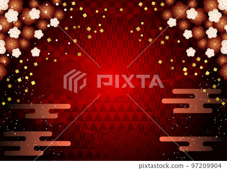 Arch plum and Japanese pattern cloud red background horizontal Arch plum and Japanese pattern cloud red background horizontal 97209904