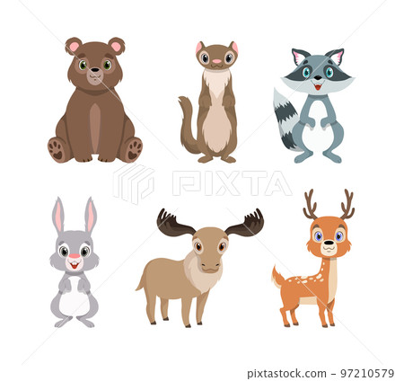 Cute Woodland Animals with Hare, Bear, Weasel, Raccoon, Elk and Deer Vector Set 97210579