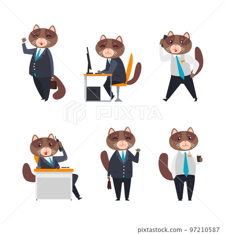 Cat Businessman Character in Formal Suit and Tie Engaged in Daily Routine Vector Set 97210587