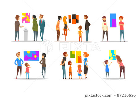 People Character Viewing Shape Modern Abstract Arts Exhibit and Creative Artworks on Wall in Art Gallery Vector Set 97210650