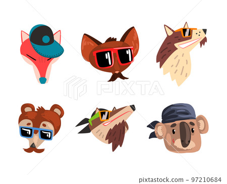 Cute Animal Heads Wearing Stylish Headgears and Sunglasses Vector Set Cute Animal Heads Wearing Stylish Headgears and Sunglasses Vector Set 97210684