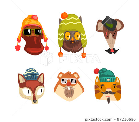 Cute Animal Heads Wearing Stylish Headgears and Sunglasses Vector Set Cute Animal Heads Wearing Stylish Headgears and Sunglasses Vector Set 97210686
