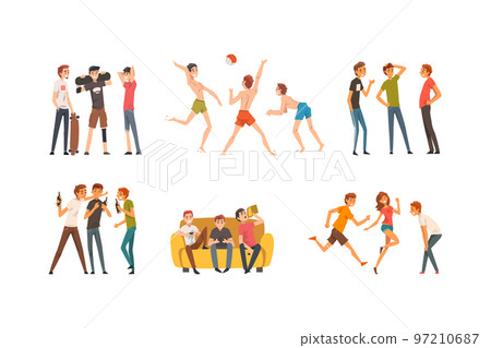 Company of Friends Spending Time Together Talking, Playing Volleyball, Drinking Beer and Playing Game Vector Set 97210687