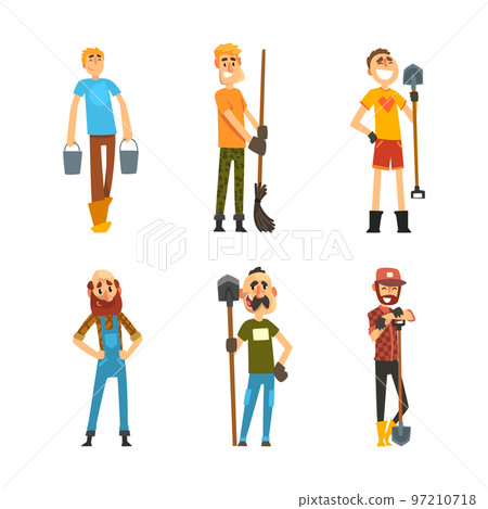 Man Farmer Working in the Garden with Bucket and Shovel Vector Set Man Farmer Working in the Garden with Bucket and Shovel Vector Set 97210718