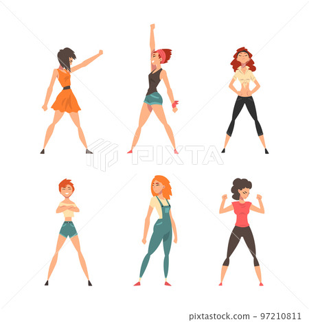 Young Woman Standing in Brave Pose Feeling Strength and Power Vector Set 97210811