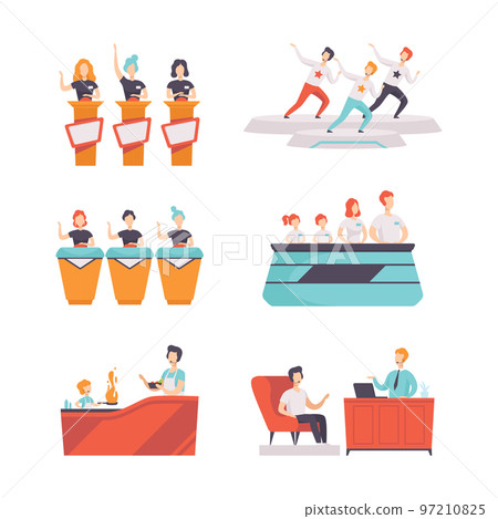 Tv Show and Television Program with People Participating Quiz Game and Interview Vector Set Tv Show and Television Program with People Participating Quiz Game and Interview Vector Set 97210825