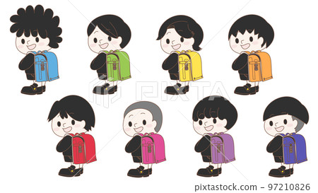 Illustration of a boy carrying a colorful school bag Illustration of a boy carrying a colorful school bag 97210826