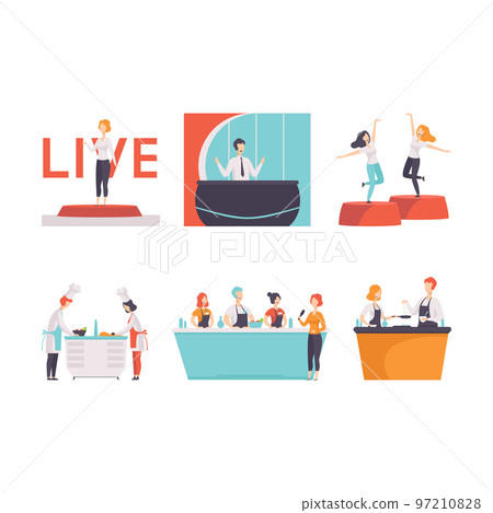 Tv Show and Television Program with People Participating in Cooking, Voice Show, and Live News Streaming Studio Vector Set Tv Show and Television Program with People Participating in Cooking, Voice Show, and Live News Streaming Studio Vector Set 97210828
