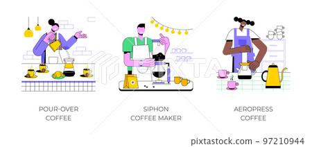 Specialty coffee isolated cartoon vector illustrations set. Professional barista making pour-over, siphon maker device, third wave, aeropress coffee, alternative brewing method vector cartoon. Specialty coffee isolated cartoon vector illustrations set. Professional barista making pour-over, siphon maker device, third wave, aeropress coffee, alternative brewing method vector cartoon. 97210944