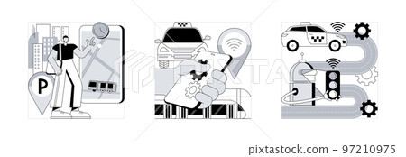 Smart city technology abstract concept vector illustration set. Intelligent transportation system, autonomous public transport, smart roads construction, traffic, parking management abstract metaphor. 97210975