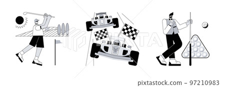 Professional sport abstract concept vector illustration set. Golf world championship, Formula 1 automobile sport, snooker biliard game, professional racer, high speed, grand prix abstract metaphor. Professional sport abstract concept vector illustration set. Golf world championship, Formula 1 automobile sport, snooker biliard game, professional racer, high speed, grand prix abstract metaphor. 97210983