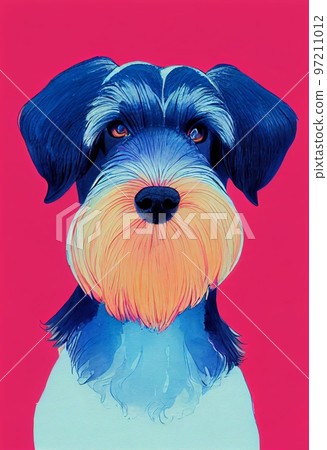 Funny adorable portrait headshot of cute doggy. Standard Schnauzer dog breed puppy, standing facing front. Looking curious towards camera. Watercolor art illustration. Vertical artistic poster. 97211012