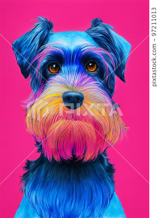 Funny adorable portrait headshot of cute doggy. Standard Schnauzer dog breed puppy, standing facing front. Looking curious towards camera. Watercolor art illustration. Vertical artistic poster. 97211013