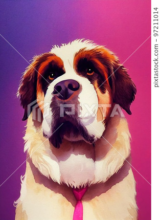 Funny adorable portrait headshot of cute doggy. St. Bernard dog breed puppy, standing facing front. Looking curious towards camera. Watercolor art illustration. Vertical artistic poster. 97211014