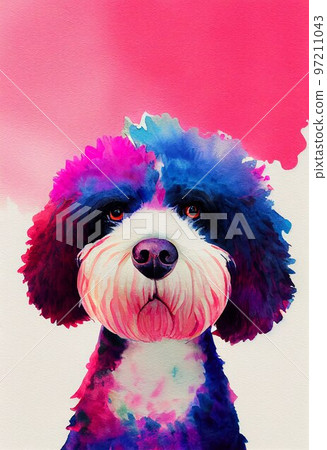Funny adorable portrait headshot of cute doggy. Portuguese Water dog breed puppy, standing facing front. Looking curious towards camera. Watercolor art illustration. Vertical artistic poster. 97211043