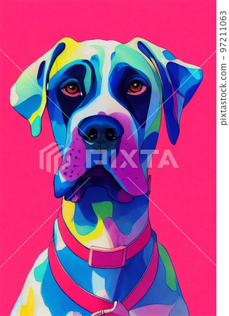 Funny adorable portrait headshot of cute doggy. Great Dane dog breed puppy, standing facing front. Looking curious towards camera. Watercolor art illustration. Vertical artistic poster. 97211063