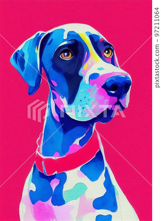Funny adorable portrait headshot of cute doggy. Great Dane dog breed puppy, standing facing front. Looking curious towards camera. Watercolor art illustration. Vertical artistic poster. 97211064