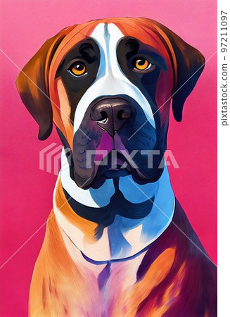 Funny adorable portrait headshot of cute doggy. Boerboel dog breed puppy, standing facing front. Looking curious towards camera. Watercolor art illustration. Vertical artistic poster. 97211097