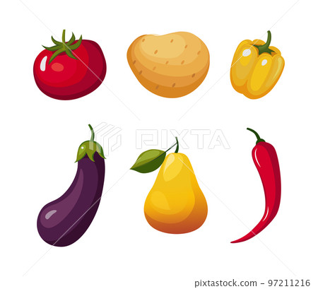 Tomato, Potato, Pepper, Eggplant, Pear and Chili Ripe Fruit and Vegetable as Organic Food Vector Set 97211216
