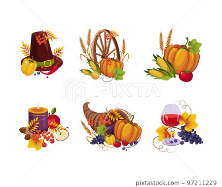 Thanksgiving Autumn Holiday Symbols with Vegetable Abundance Vector Set Thanksgiving Autumn Holiday Symbols with Vegetable Abundance Vector Set 97211229