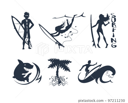 Black Surfing Silhouette with Waves and Woman Riding on Surfboard Vector Set Black Surfing Silhouette with Waves and Woman Riding on Surfboard Vector Set 97211230