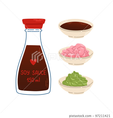 Soy sauce, ginger, wasabi set japan asian food vector logo design pack isolated on white background Soy sauce, ginger, wasabi set japan asian food vector logo design pack isolated on white background 97211421