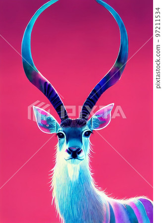 Funny adorable portrait headshot of cute kudu. African land animal standing facing front. Looking towards camera. Watercolor art illustration. Vertical artistic poster. 97211534