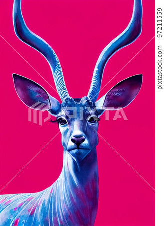 Funny adorable portrait headshot of cute kudu. African land animal standing facing front. Looking towards camera. Watercolor art illustration. Vertical artistic poster. Funny adorable portrait headshot of cute kudu. African land animal standing facing front. Looking towards camera. Watercolor art illustration. Vertical artistic poster. 97211559
