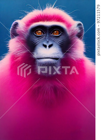 Funny adorable portrait headshot of cute Hamlyns monkey. African land animal standing facing front. Looking towards camera. Watercolor art illustration. Vertical artistic poster. 97211579