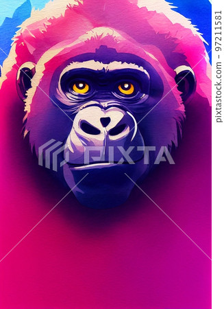 Funny adorable portrait headshot of cute gorilla. African land animal standing facing front. Looking towards camera. Watercolor art illustration. Vertical artistic poster. 97211581