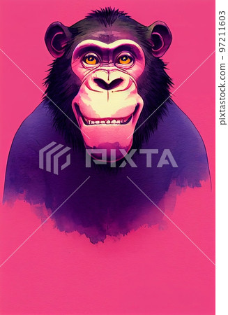 Funny adorable portrait headshot of cute chimpanzee. African land animal standing facing front. Looking towards camera. Watercolor art illustration. Vertical artistic poster. 97211603