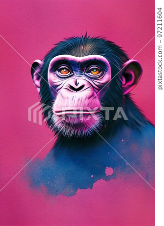 Funny adorable portrait headshot of cute chimpanzee. African land animal standing facing front. Looking towards camera. Watercolor art illustration. Vertical artistic poster. 97211604