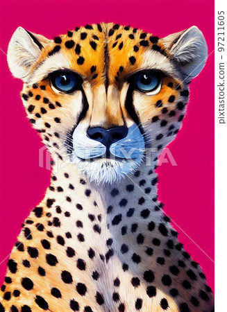 Funny adorable portrait headshot of cute Cheetah. African land animal standing facing front. Looking towards camera. Watercolor art illustration. Vertical artistic poster. Funny adorable portrait headshot of cute Cheetah. African land animal standing facing front. Looking towards camera. Watercolor art illustration. Vertical artistic poster. 97211605