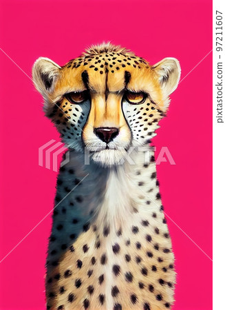 Funny adorable portrait headshot of cute Cheetah. African land animal standing facing front. Looking towards camera. Watercolor art illustration. Vertical artistic poster. Funny adorable portrait headshot of cute Cheetah. African land animal standing facing front. Looking towards camera. Watercolor art illustration. Vertical artistic poster. 97211607