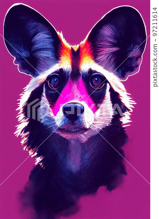 Funny adorable portrait headshot of cute African wild dog. African land animal standing facing front. Looking towards camera. Watercolor art illustration. Vertical artistic poster. Funny adorable portrait headshot of cute African wild dog. African land animal standing facing front. Looking towards camera. Watercolor art illustration. Vertical artistic poster. 97211614
