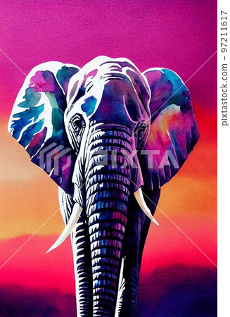 Funny adorable portrait headshot of cute African elephant. African land animal standing facing front. Looking towards camera. Watercolor art illustration. Vertical artistic poster. 97211617