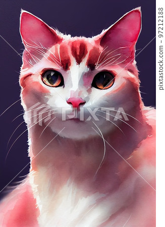 Funny adorable portrait headshot of cute kitten. Manx cat breed kitty, standing facing front. Looking curious towards camera. Watercolor art illustration. Vertical artistic poster. 97212188