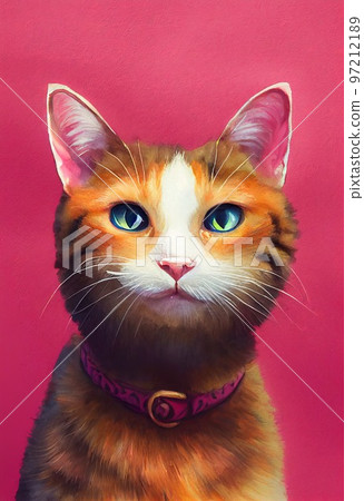 Funny adorable portrait headshot of cute kitten. Manx cat breed kitty, standing facing front. Looking curious towards camera. Watercolor art illustration. Vertical artistic poster. Funny adorable portrait headshot of cute kitten. Manx cat breed kitty, standing facing front. Looking curious towards camera. Watercolor art illustration. Vertical artistic poster. 97212189