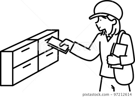 Posting Illustration of a woman handing out flyers Line drawing only 97212614